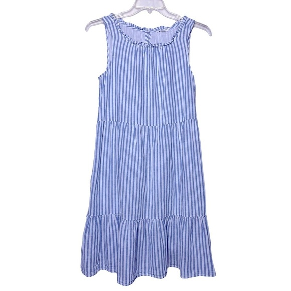 BeachLunchLounge | Blue Stripe Saison Linen Blend Tiered Sleeveless Dress, Small - Picture 1 of 10